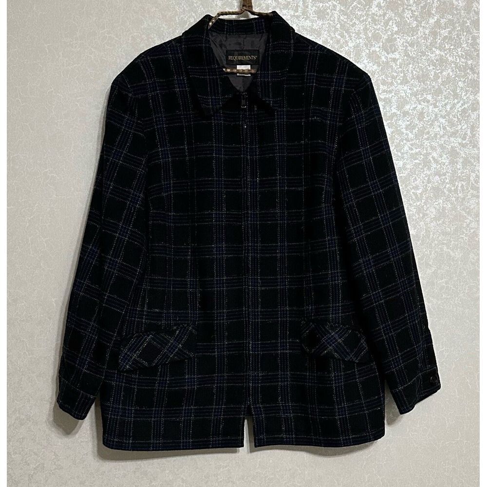 Requirements Black Wool Blend Lined Blue Plaid Jacket Button Up Pockets Sz 16
